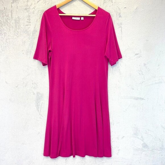 Susan Graver Short Sleeve Slinky Dress Sz Medium Magenta Pink Modest Knee Career - Picture 1 of 16